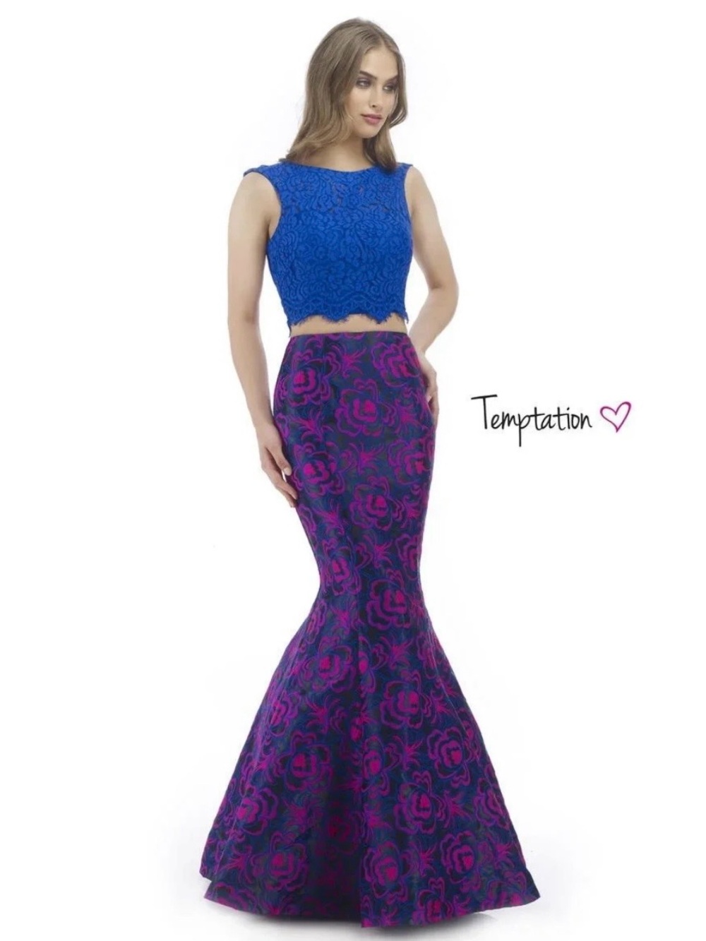 Temptations Royal Blue Lace Crop Top with Purple Floral Mermaid Skirt